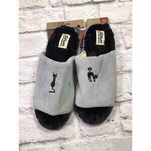 Women's Dluxe by Dearfoams Halloween Black Cat Slippers Grey Size M 7-8